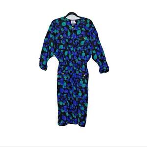 FLAWLESS VTG LESLIE FAY Leaf Belted Dress 3/4 Sleeve SZ 14 -lp Gold Button